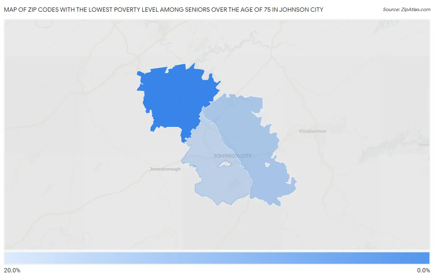 Zip Codes with the Lowest Poverty Level Among Seniors Over the Age of 75 in Johnson City Map