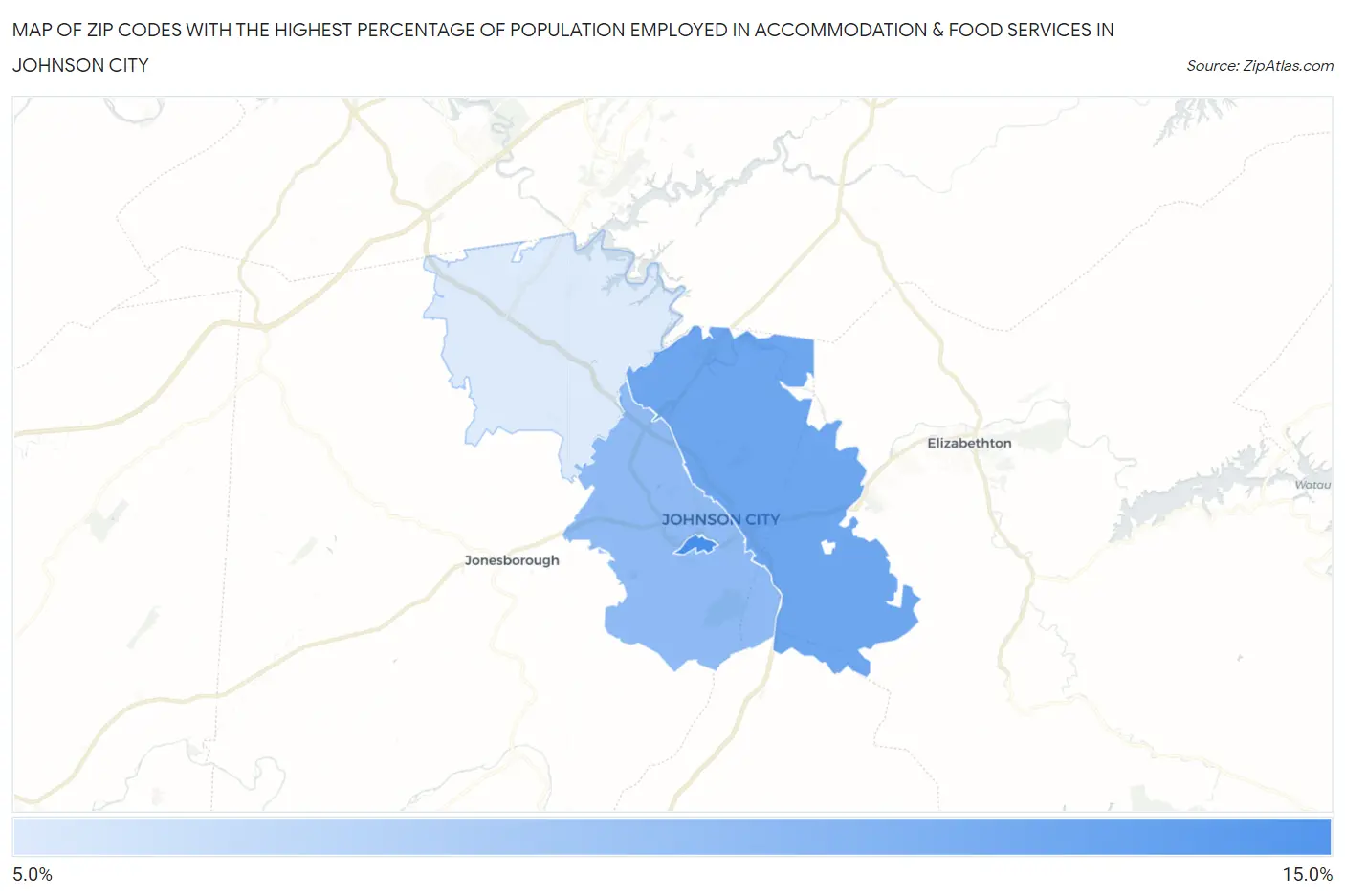 Zip Codes with the Highest Percentage of Population Employed in Accommodation & Food Services in Johnson City Map