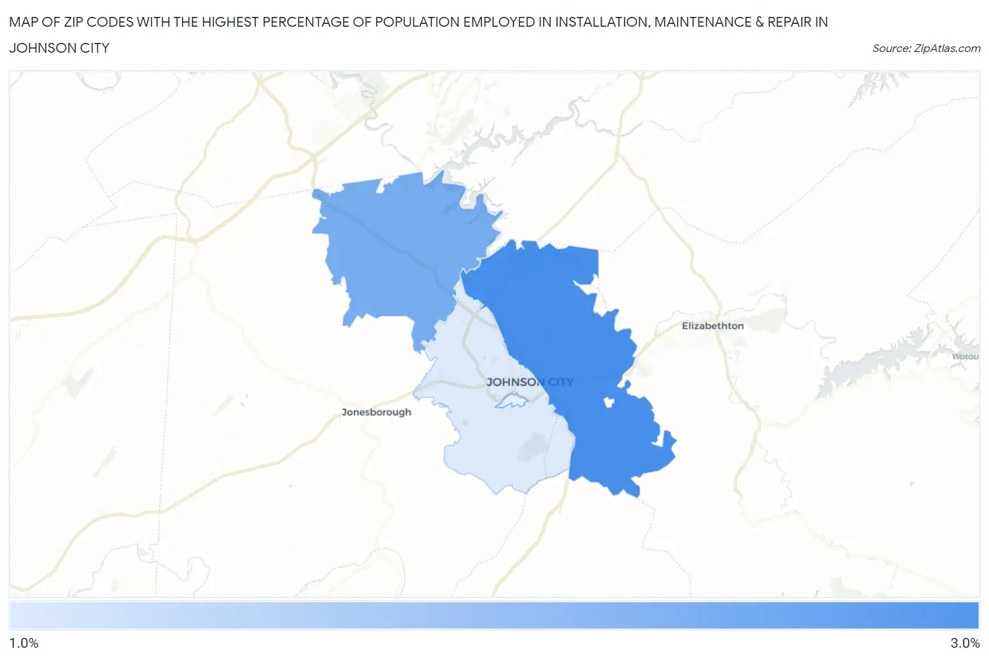 Zip Codes with the Highest Percentage of Population Employed in Installation, Maintenance & Repair in Johnson City Map