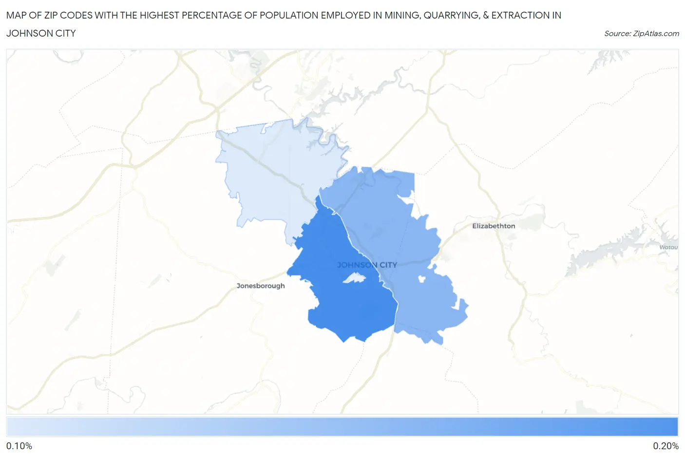 Zip Codes with the Highest Percentage of Population Employed in Mining, Quarrying, & Extraction in Johnson City Map