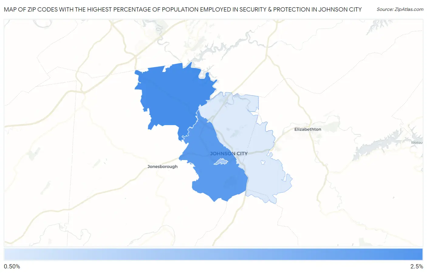 Zip Codes with the Highest Percentage of Population Employed in Security & Protection in Johnson City Map
