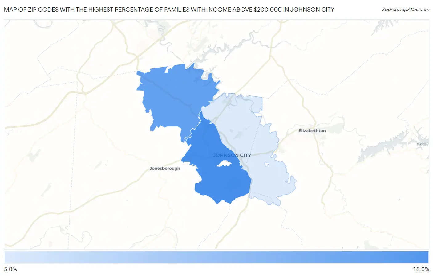 Zip Codes with the Highest Percentage of Families with Income Above $200,000 in Johnson City Map
