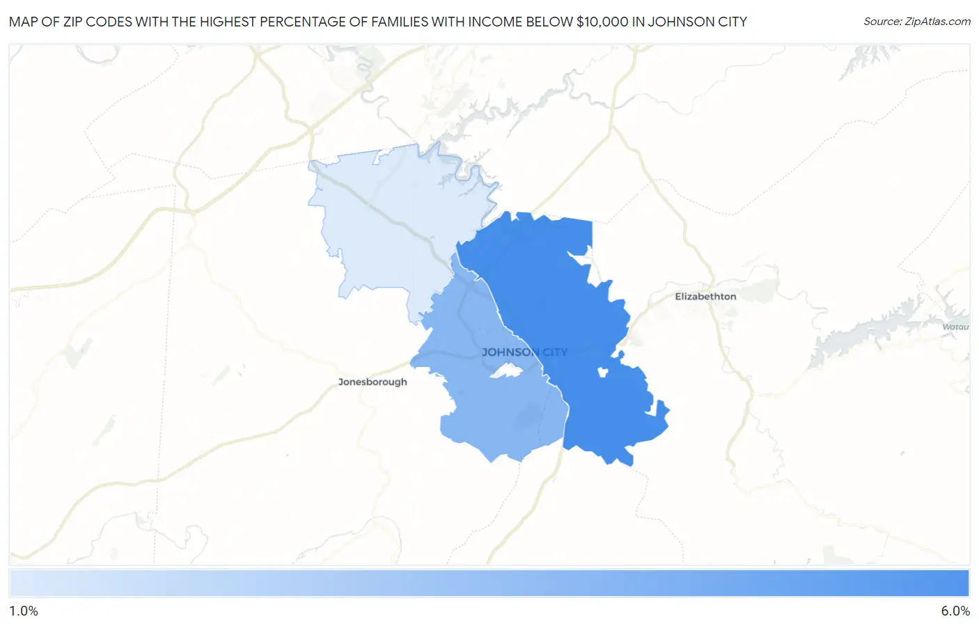Zip Codes with the Highest Percentage of Families with Income Below $10,000 in Johnson City Map