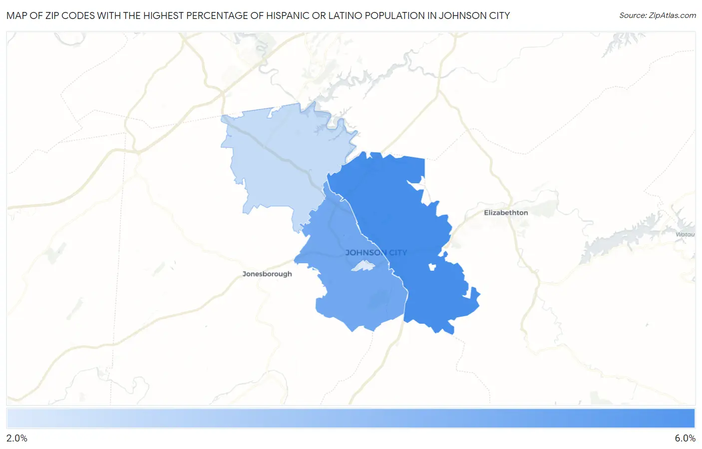 Zip Codes with the Highest Percentage of Hispanic or Latino Population in Johnson City Map
