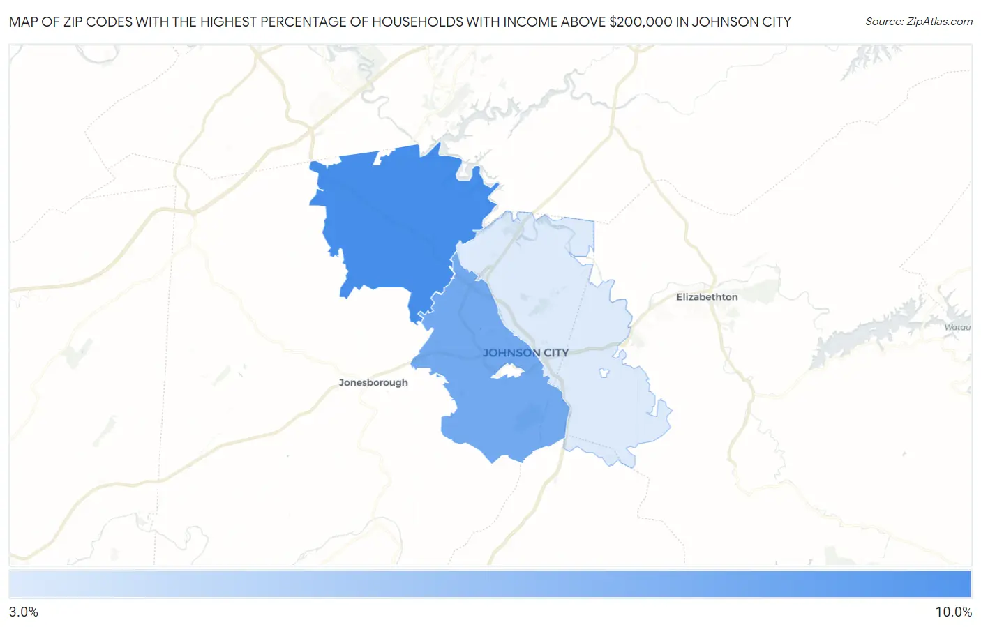 Zip Codes with the Highest Percentage of Households with Income Above $200,000 in Johnson City Map