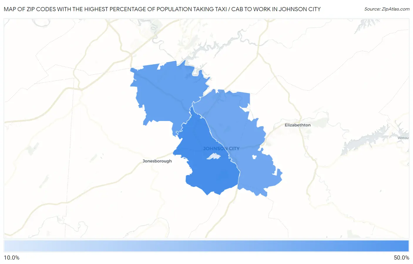 Zip Codes with the Highest Percentage of Population Taking Taxi / Cab to Work in Johnson City Map