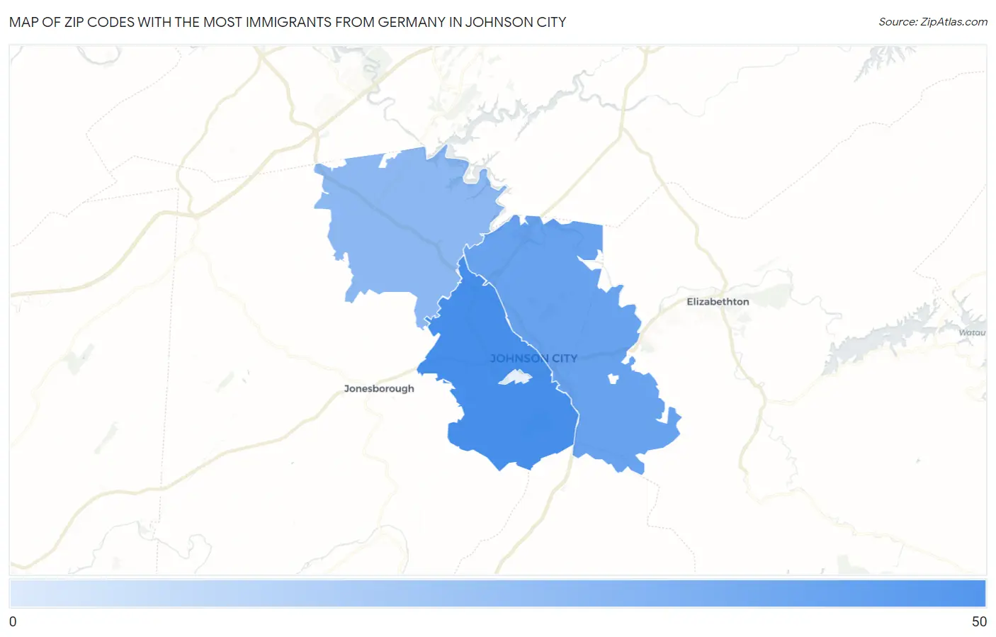 Zip Codes with the Most Immigrants from Germany in Johnson City Map