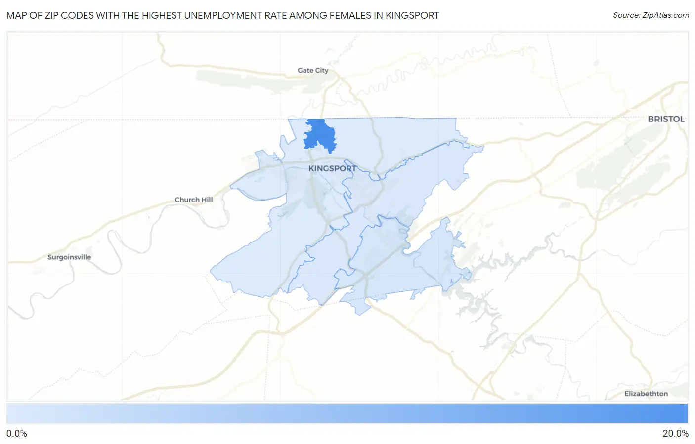 Zip Codes with the Highest Unemployment Rate Among Females in Kingsport Map