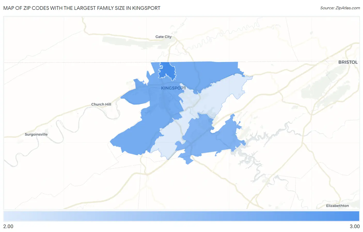 Zip Codes with the Largest Family Size in Kingsport Map