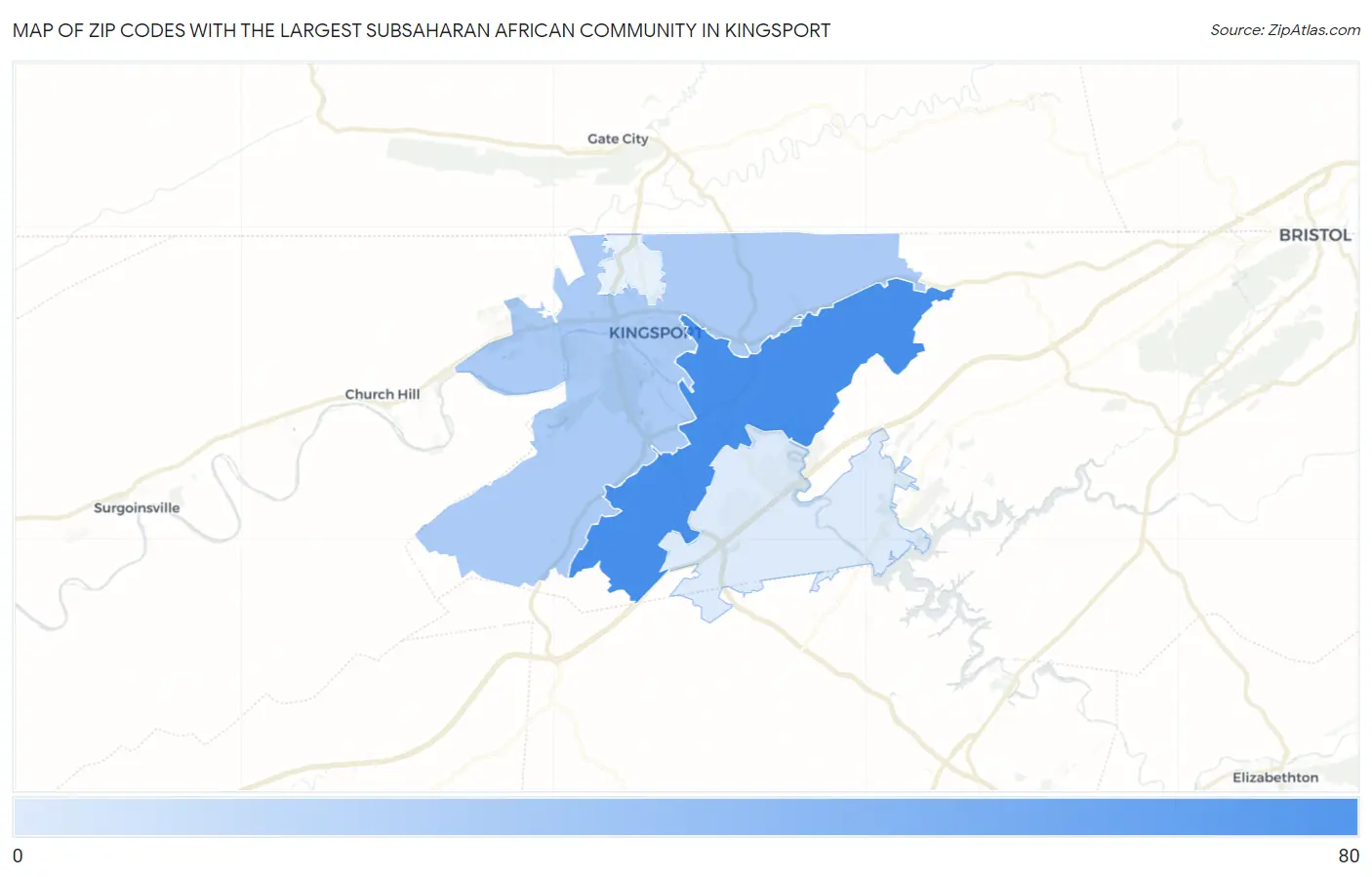 Zip Codes with the Largest Subsaharan African Community in Kingsport Map