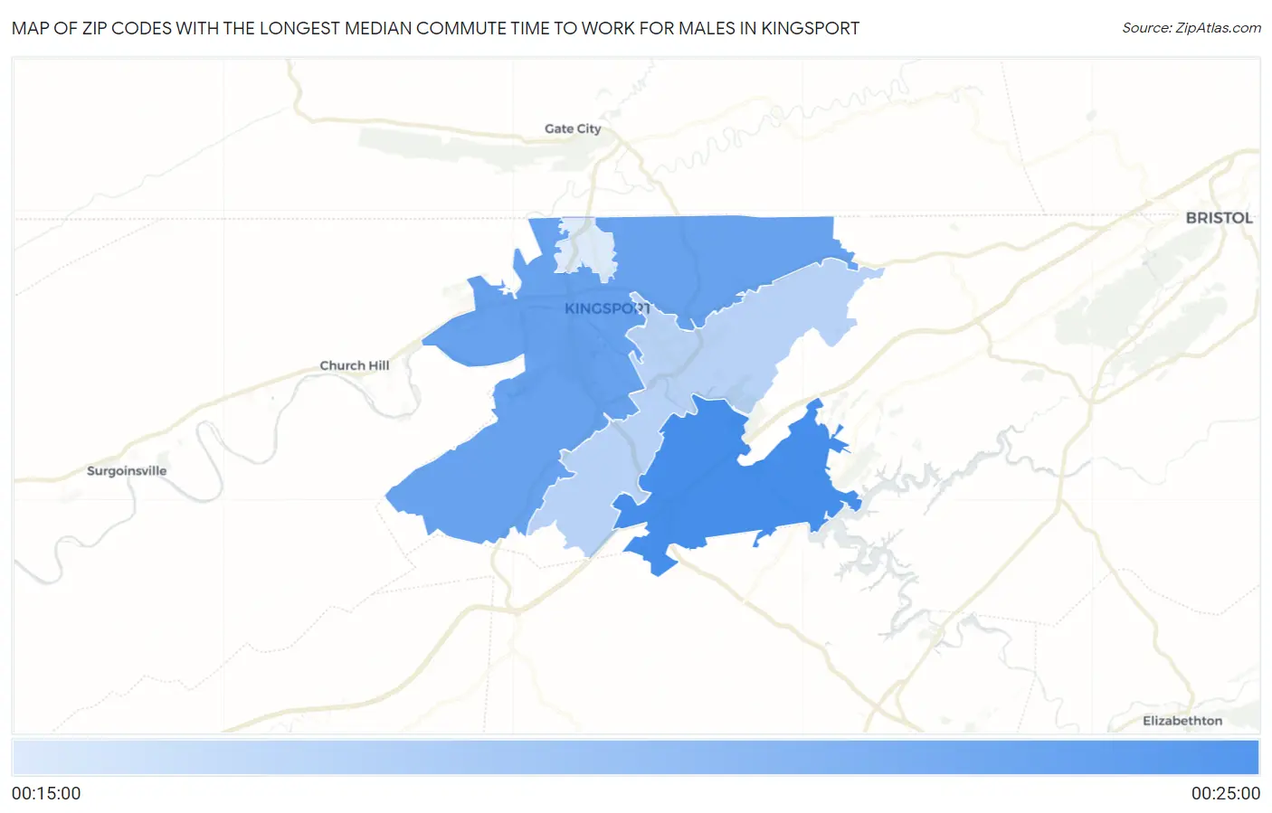 Zip Codes with the Longest Median Commute Time to Work for Males in Kingsport Map