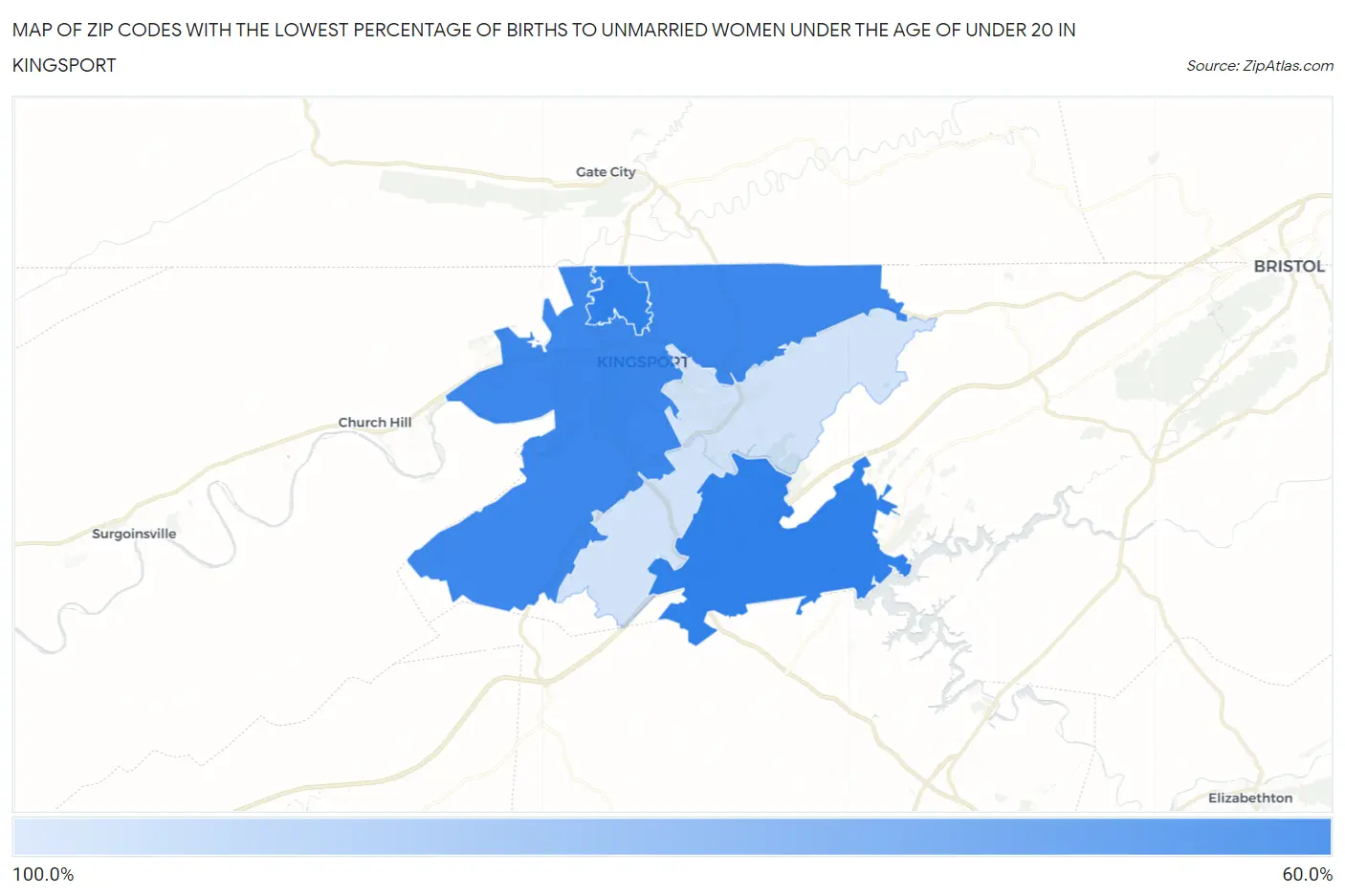 Zip Codes with the Lowest Percentage of Births to Unmarried Women under the Age of under 20 in Kingsport Map