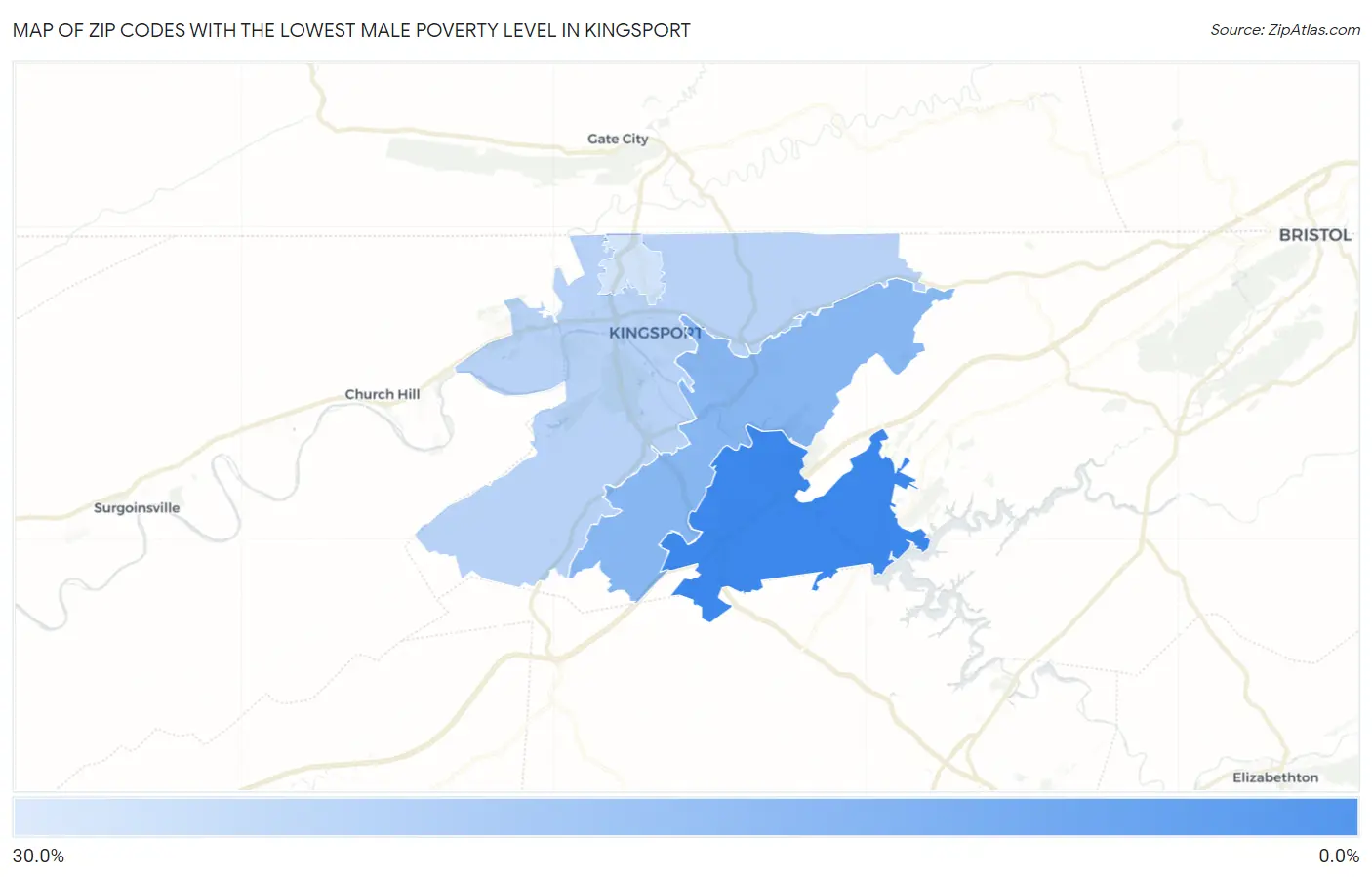 Zip Codes with the Lowest Male Poverty Level in Kingsport Map