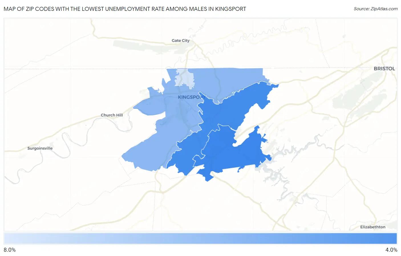 Zip Codes with the Lowest Unemployment Rate Among Males in Kingsport Map