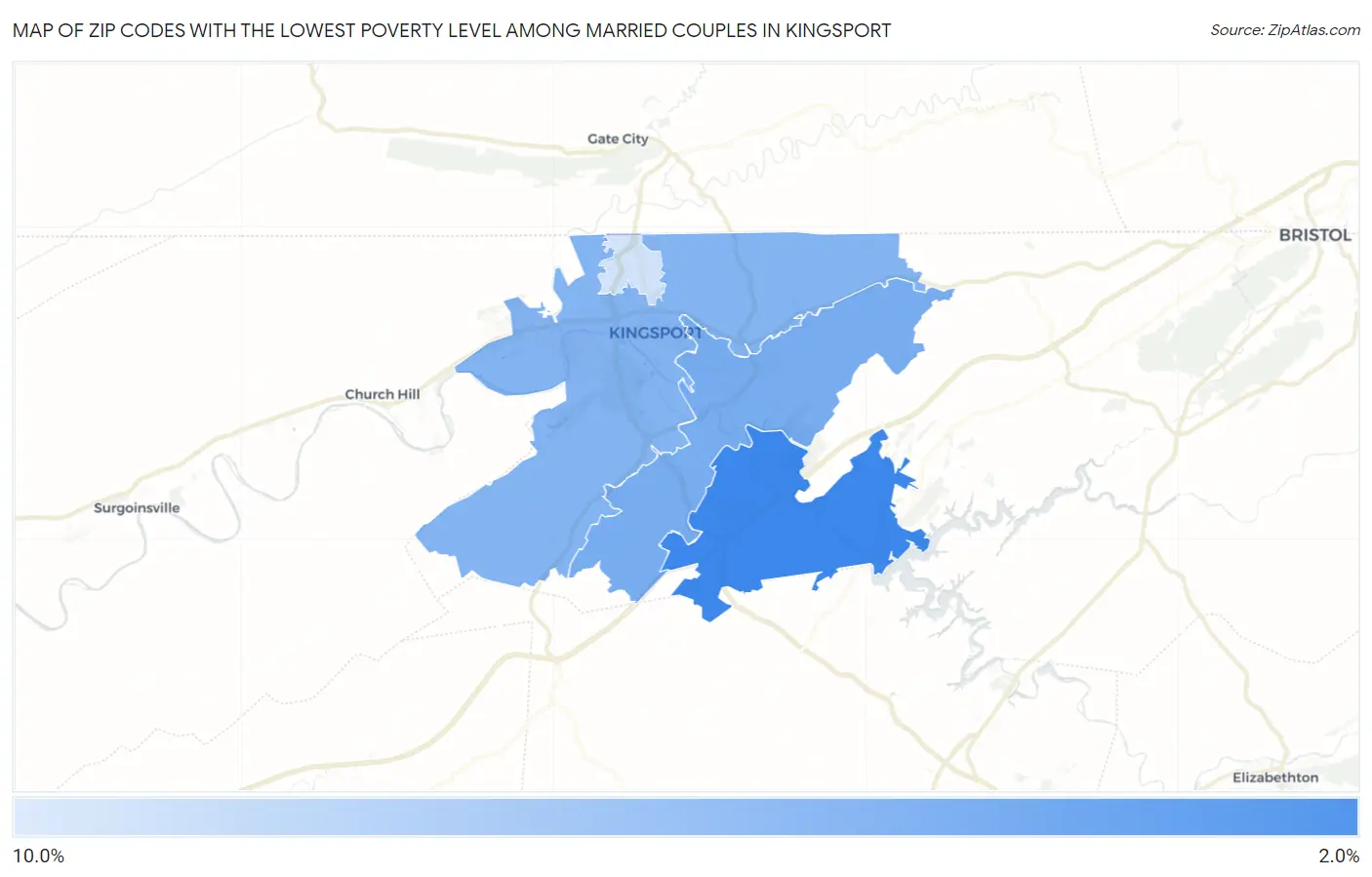 Zip Codes with the Lowest Poverty Level Among Married Couples in Kingsport Map