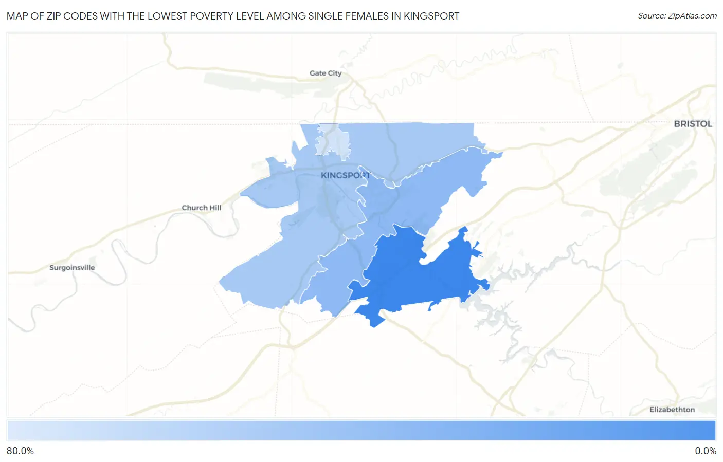 Zip Codes with the Lowest Poverty Level Among Single Females in Kingsport Map