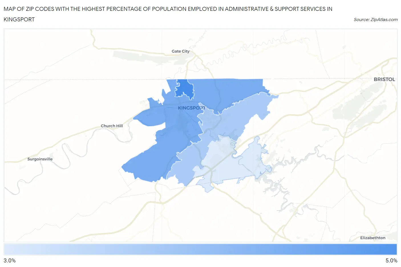 Zip Codes with the Highest Percentage of Population Employed in Administrative & Support Services in Kingsport Map