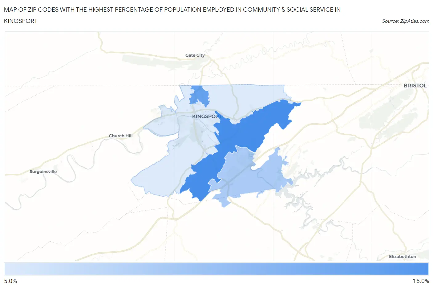 Zip Codes with the Highest Percentage of Population Employed in Community & Social Service  in Kingsport Map