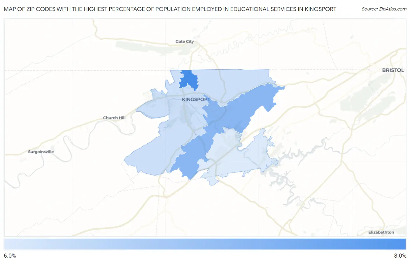 Zip Codes with the Highest Percentage of Population Employed in Educational Services in Kingsport Map