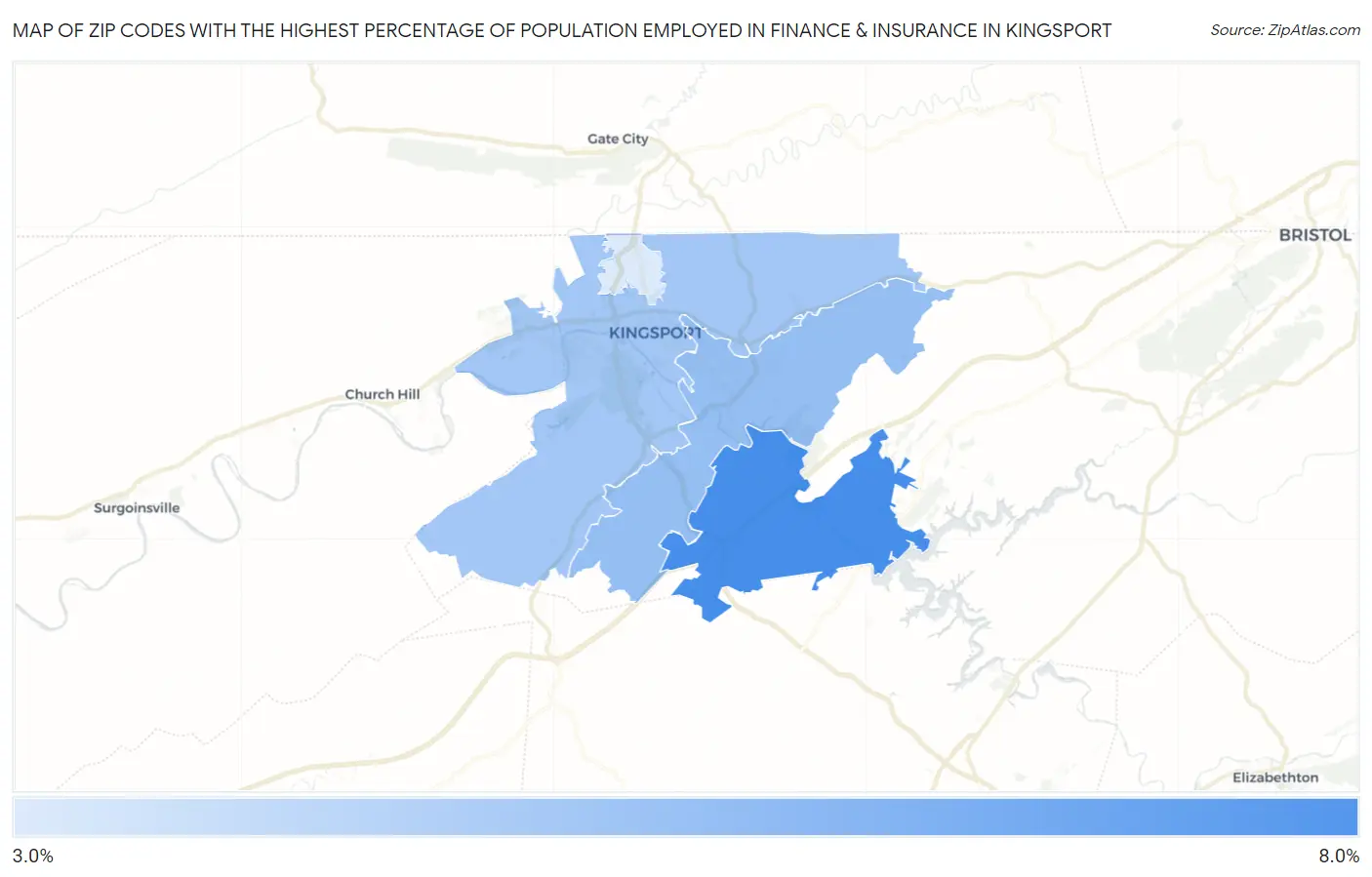 Zip Codes with the Highest Percentage of Population Employed in Finance & Insurance in Kingsport Map