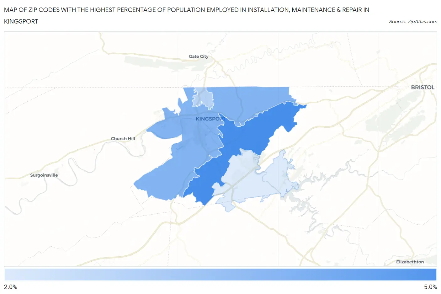 Zip Codes with the Highest Percentage of Population Employed in Installation, Maintenance & Repair in Kingsport Map
