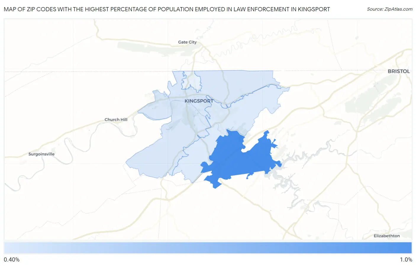 Zip Codes with the Highest Percentage of Population Employed in Law Enforcement in Kingsport Map