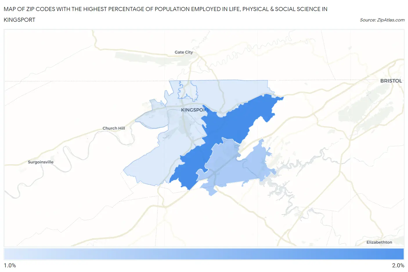 Zip Codes with the Highest Percentage of Population Employed in Life, Physical & Social Science in Kingsport Map