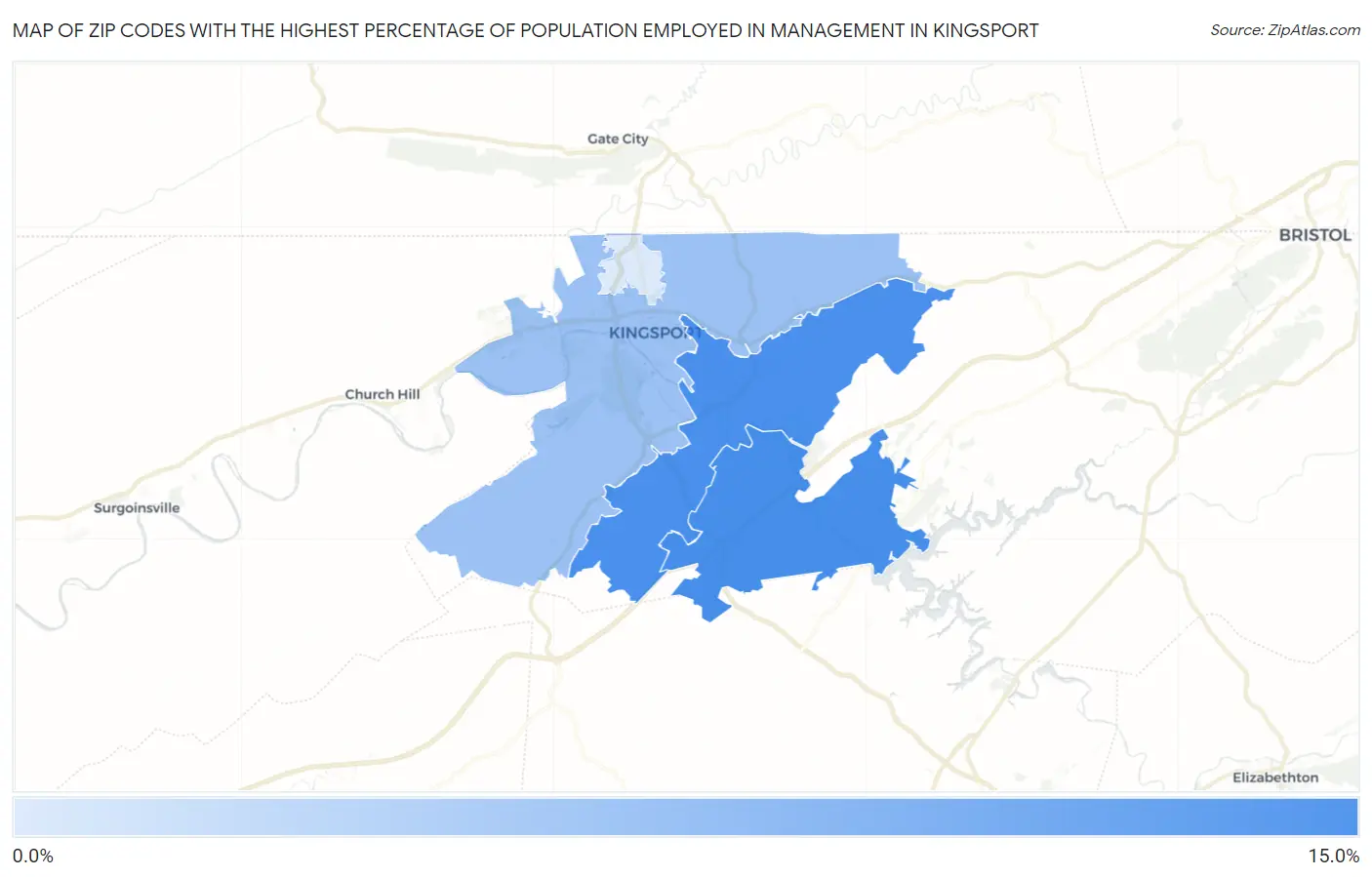 Zip Codes with the Highest Percentage of Population Employed in Management in Kingsport Map