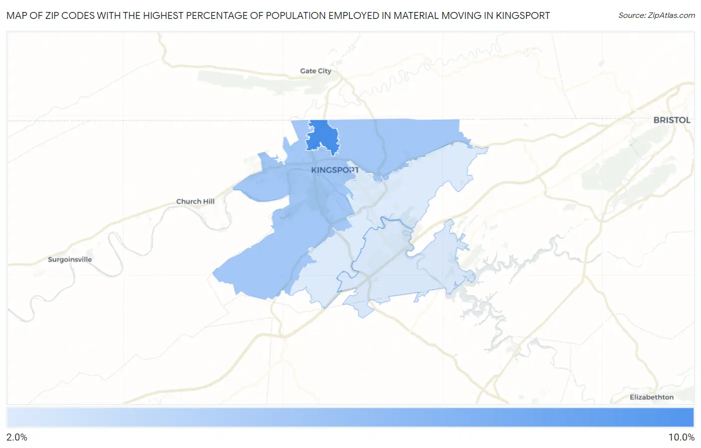 Zip Codes with the Highest Percentage of Population Employed in Material Moving in Kingsport Map