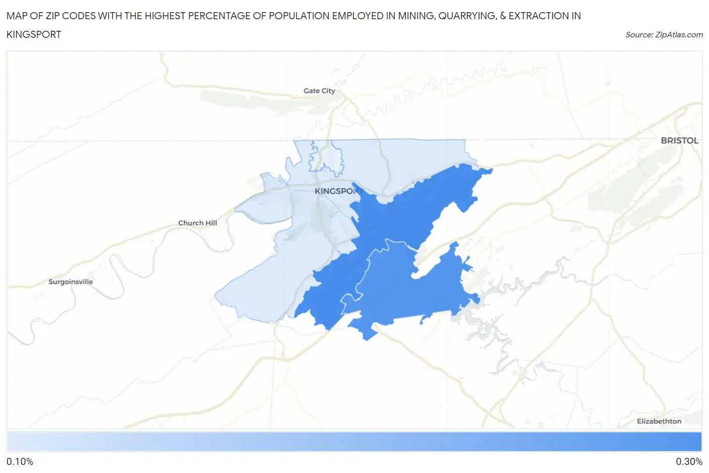 Zip Codes with the Highest Percentage of Population Employed in Mining, Quarrying, & Extraction in Kingsport Map