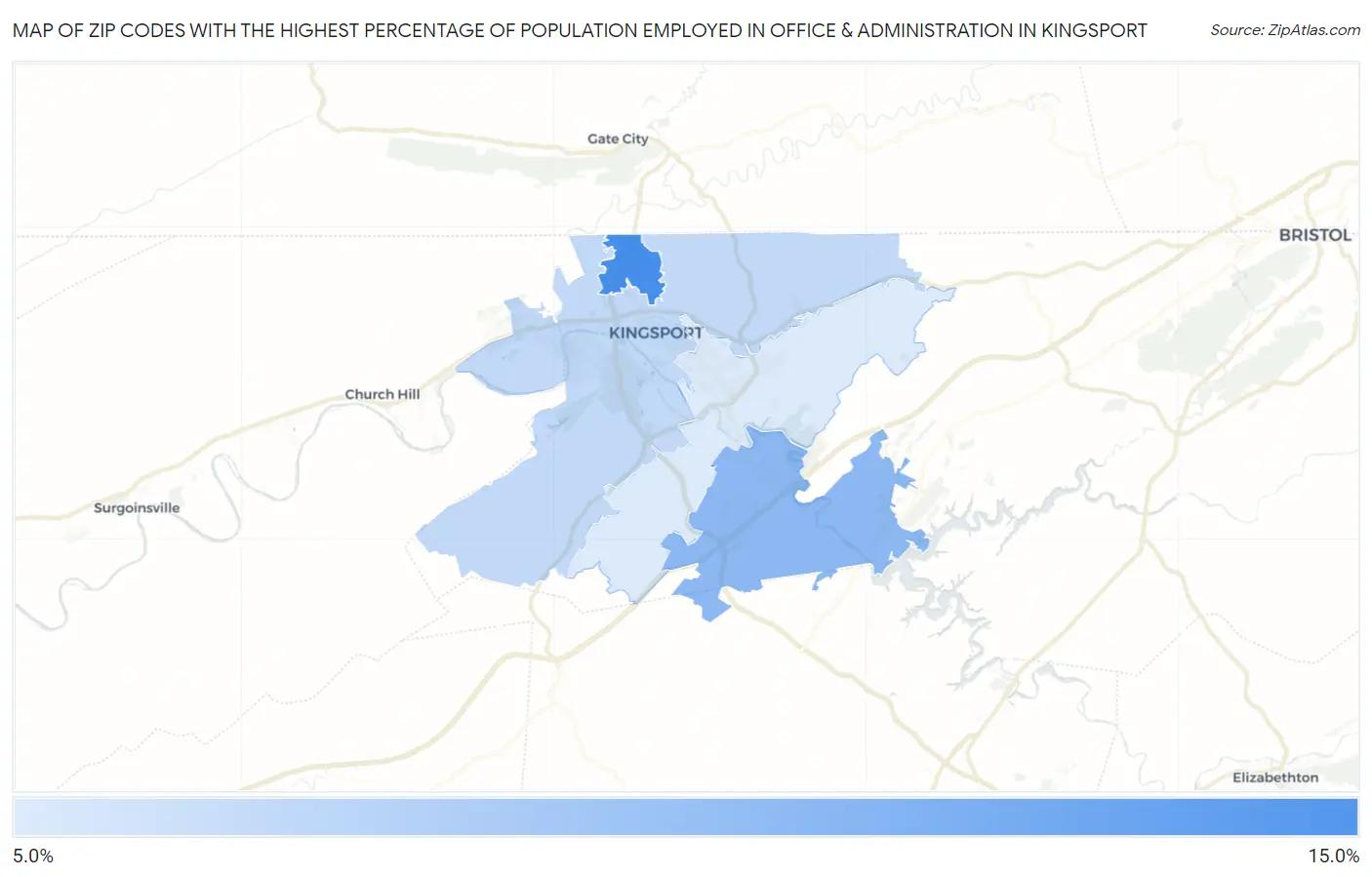 Zip Codes with the Highest Percentage of Population Employed in Office & Administration in Kingsport Map