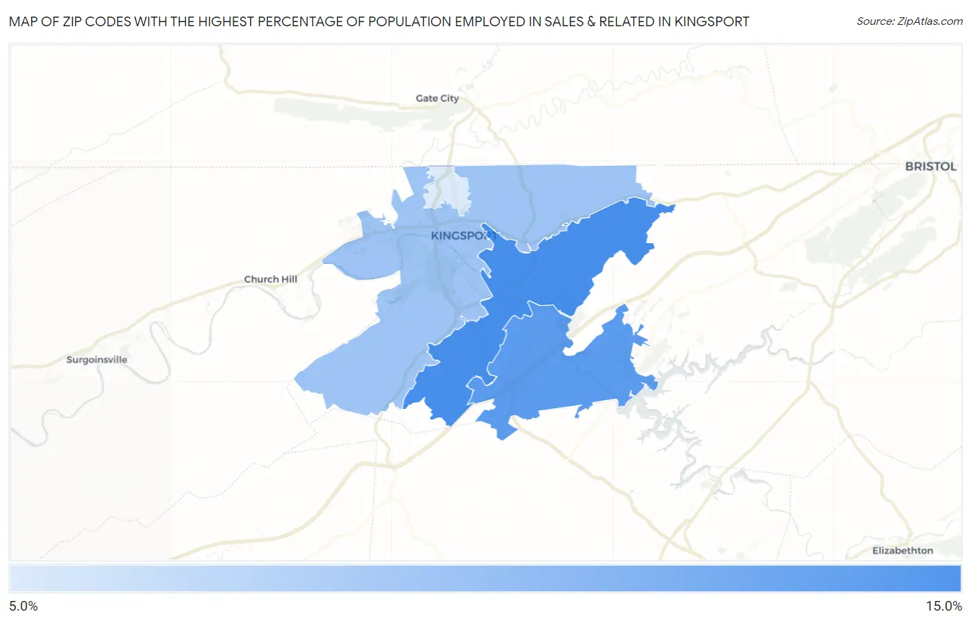 Zip Codes with the Highest Percentage of Population Employed in Sales & Related in Kingsport Map