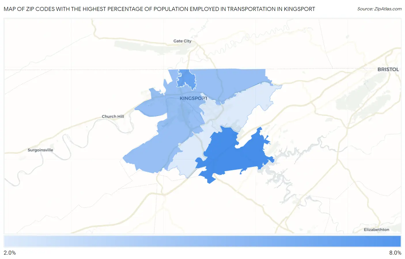 Zip Codes with the Highest Percentage of Population Employed in Transportation in Kingsport Map