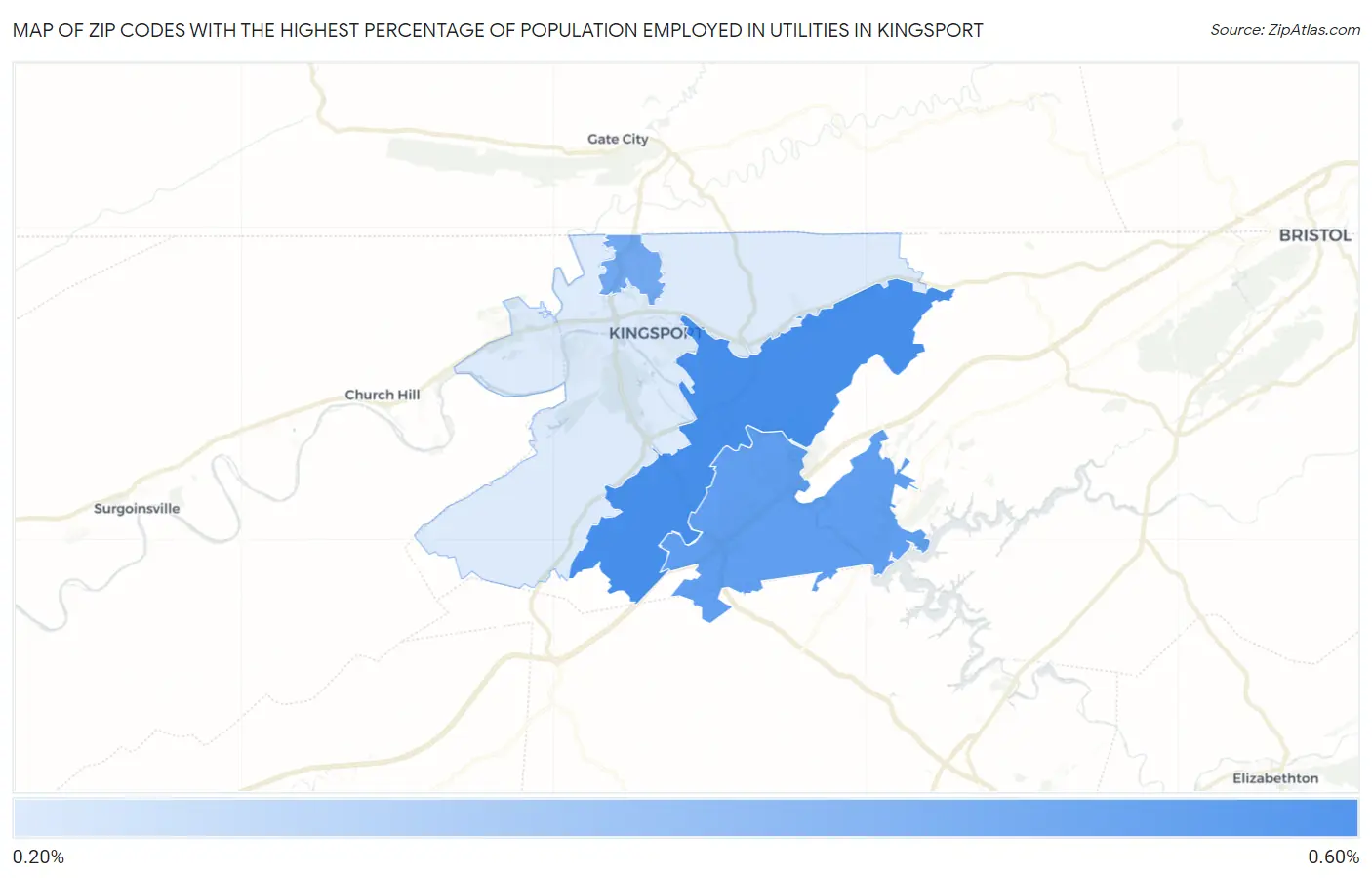 Zip Codes with the Highest Percentage of Population Employed in Utilities in Kingsport Map