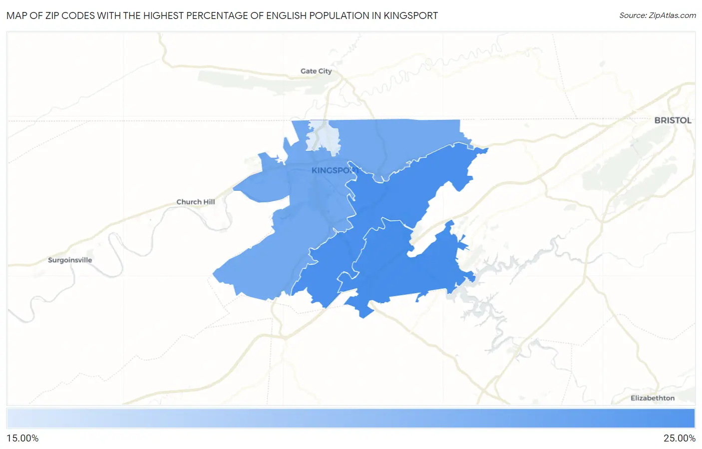 Zip Codes with the Highest Percentage of English Population in Kingsport Map