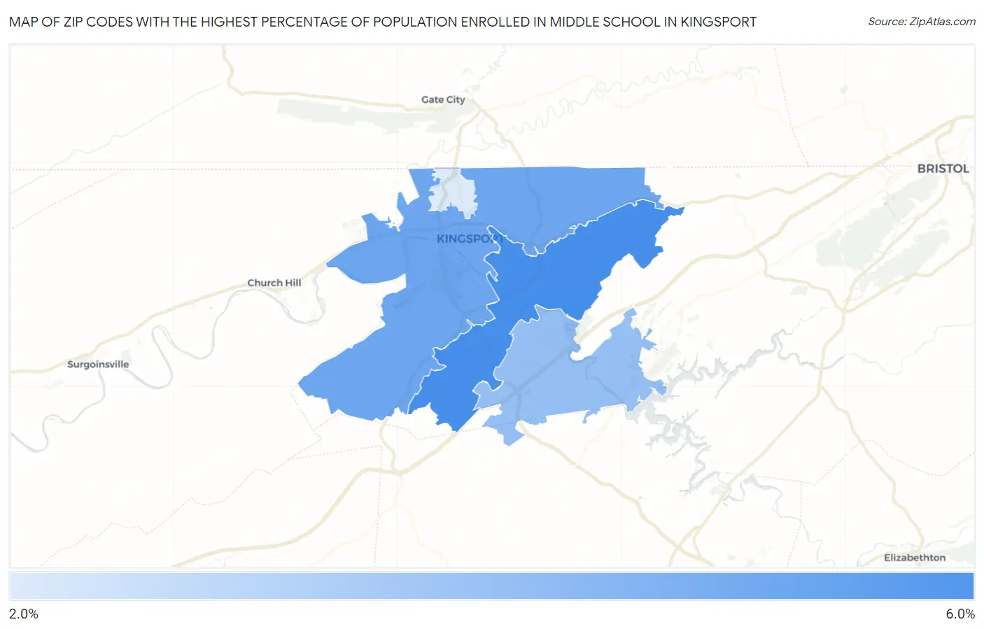 Zip Codes with the Highest Percentage of Population Enrolled in Middle School in Kingsport Map