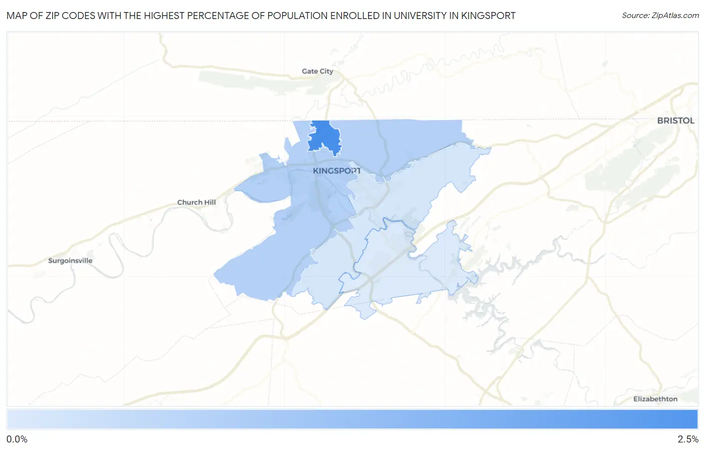 Zip Codes with the Highest Percentage of Population Enrolled in University in Kingsport Map