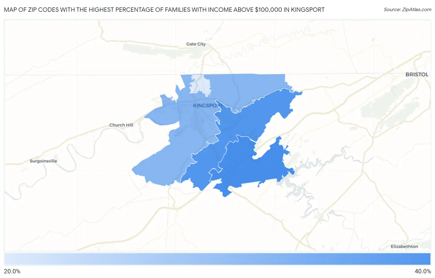 Zip Codes with the Highest Percentage of Families with Income Above $100,000 in Kingsport Map
