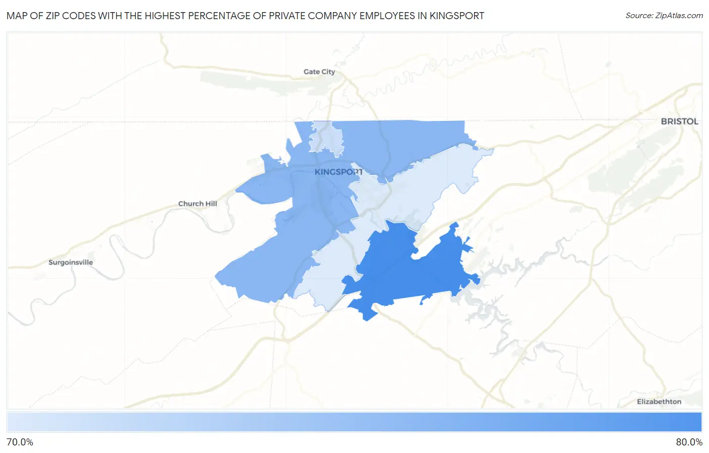 Zip Codes with the Highest Percentage of Private Company Employees in Kingsport Map