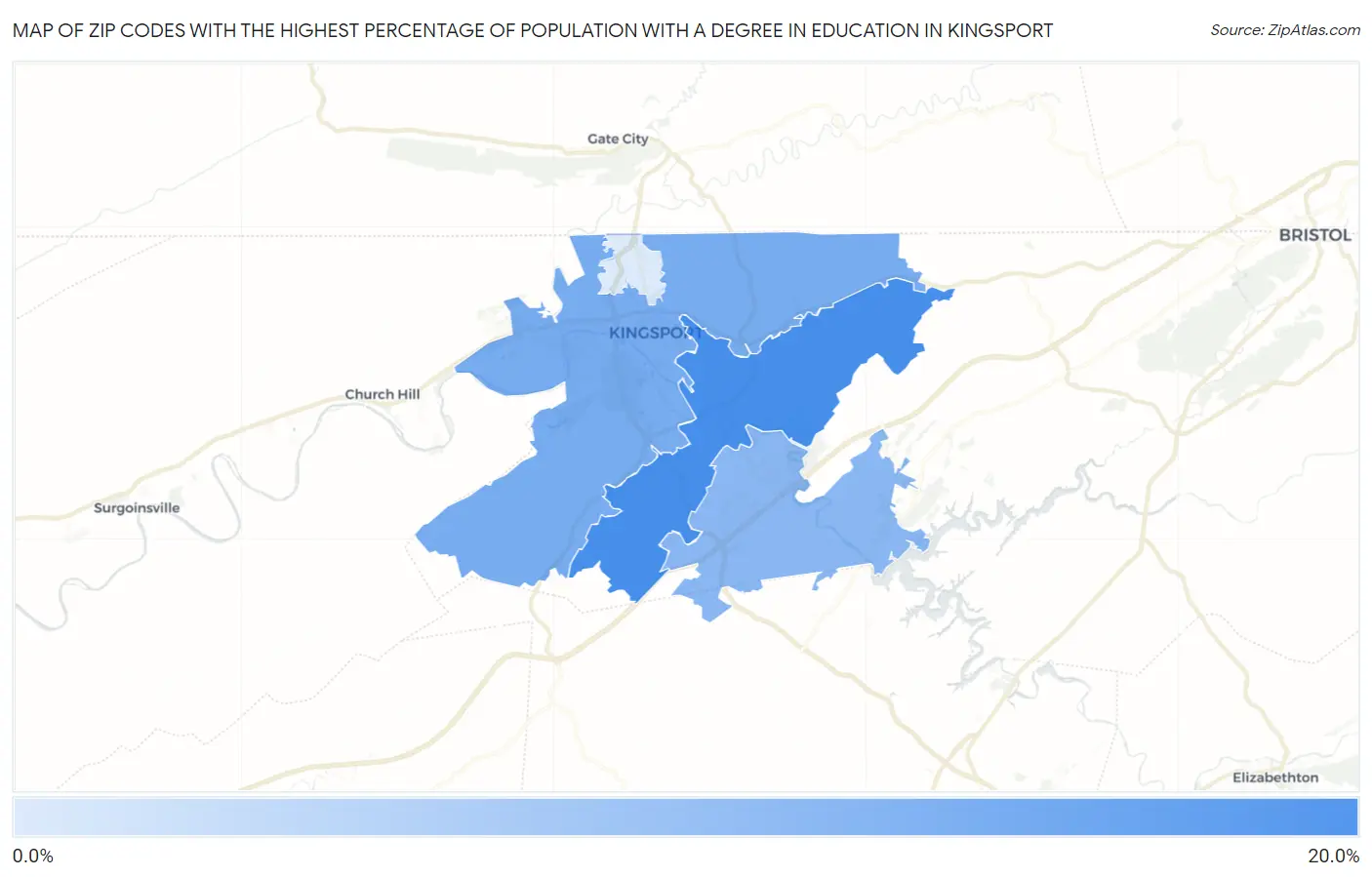 Zip Codes with the Highest Percentage of Population with a Degree in Education in Kingsport Map