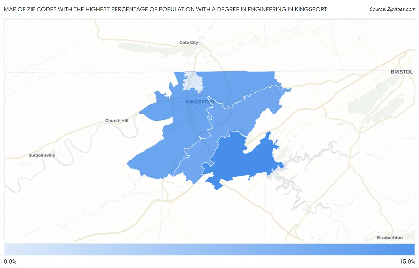Zip Codes with the Highest Percentage of Population with a Degree in Engineering in Kingsport Map