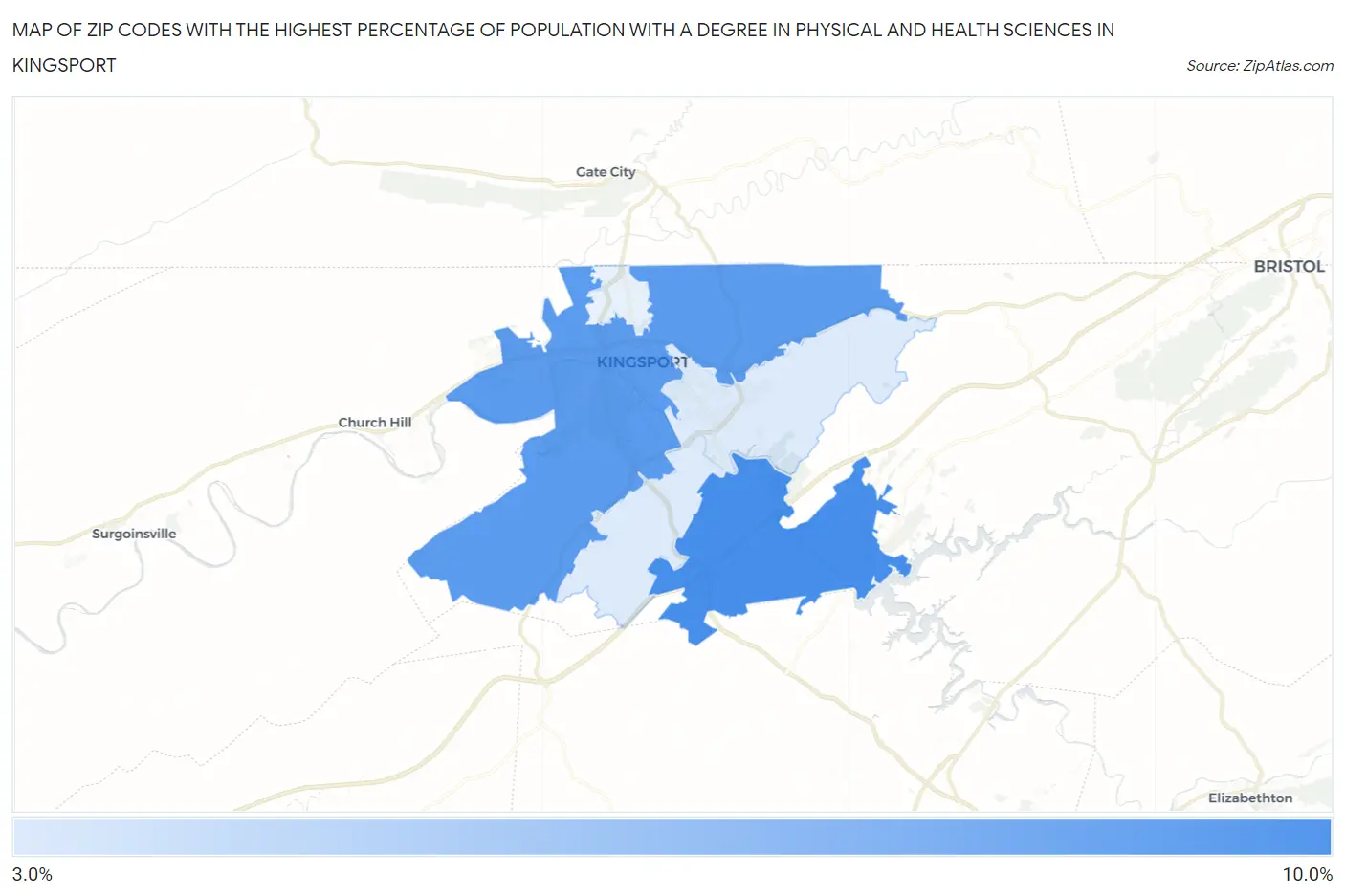 Zip Codes with the Highest Percentage of Population with a Degree in Physical and Health Sciences in Kingsport Map