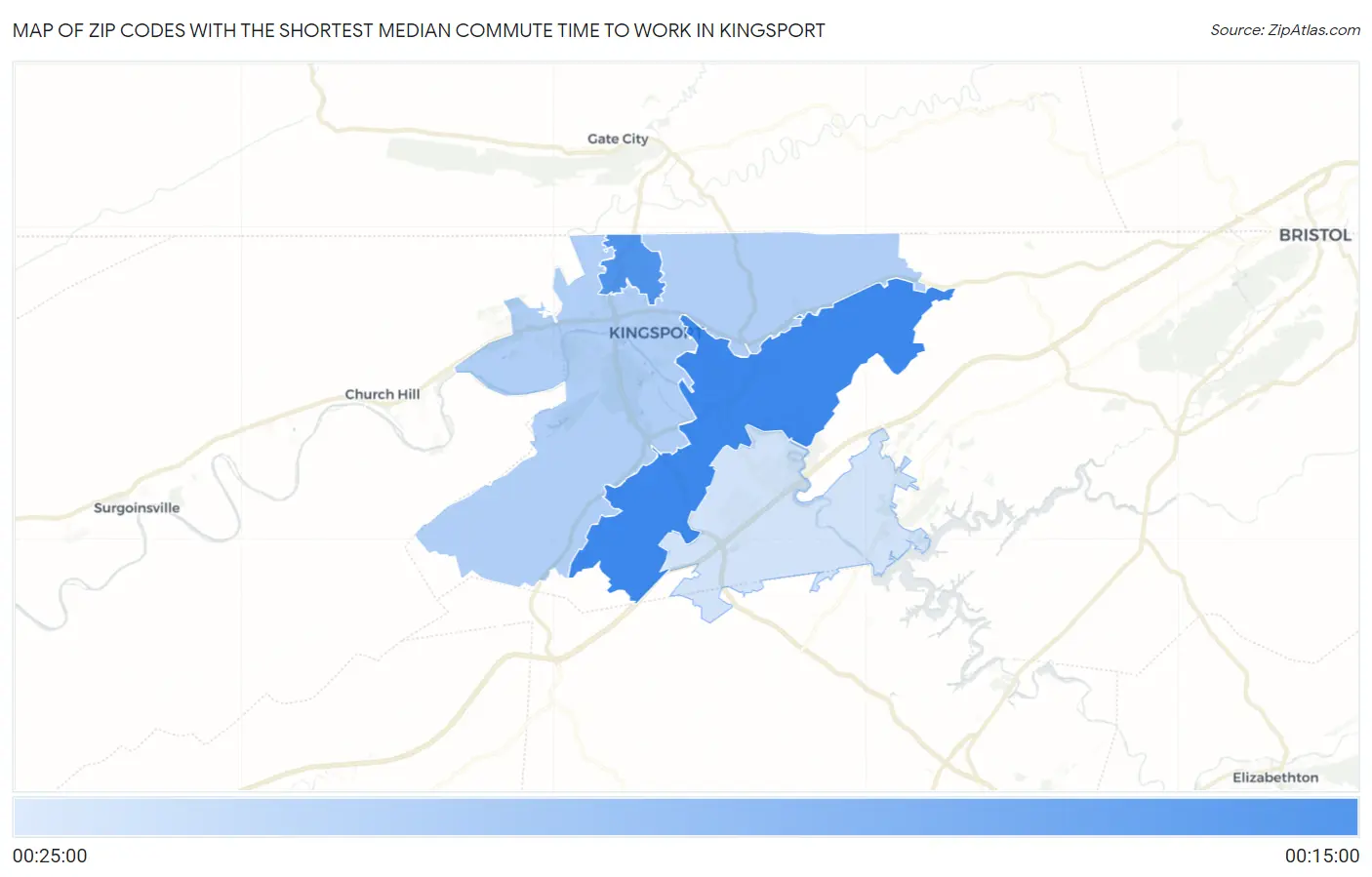 Zip Codes with the Shortest Median Commute Time to Work in Kingsport Map