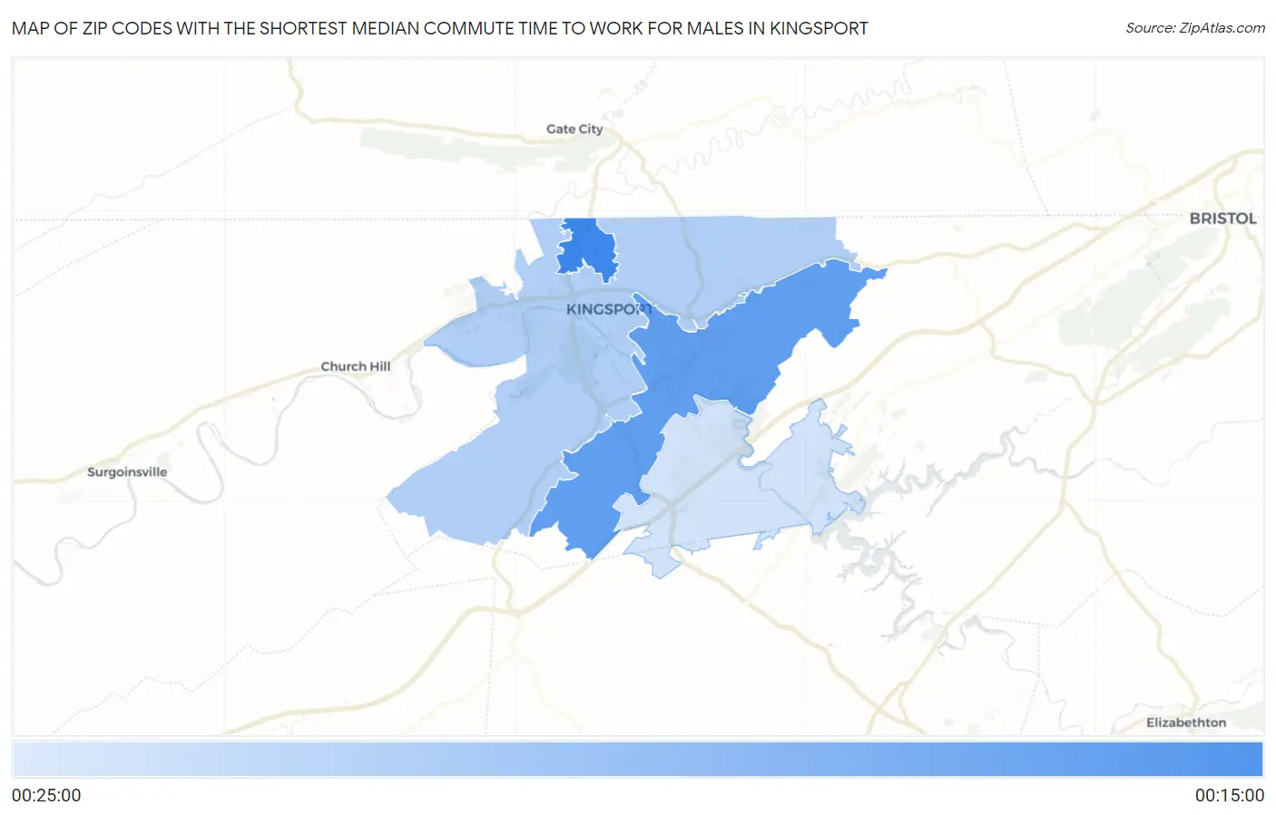 Zip Codes with the Shortest Median Commute Time to Work for Males in Kingsport Map