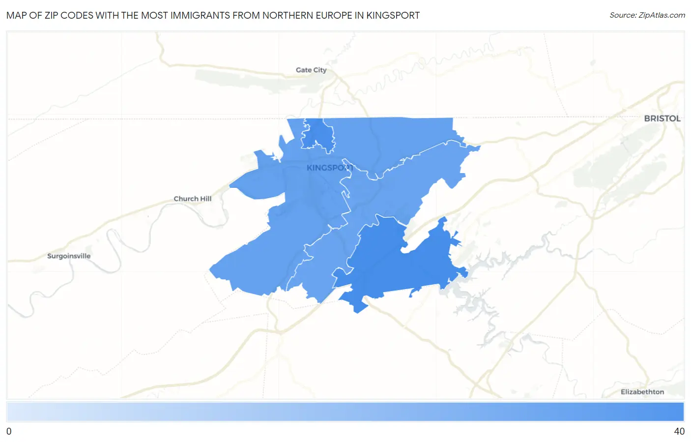 Zip Codes with the Most Immigrants from Northern Europe in Kingsport Map