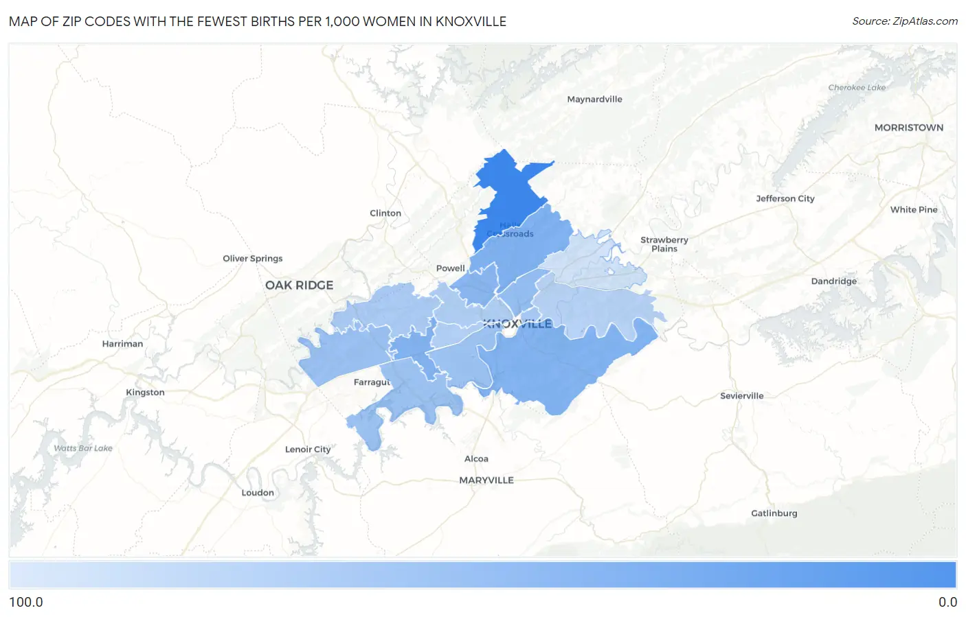 Zip Codes with the Fewest Births per 1,000 Women in Knoxville Map