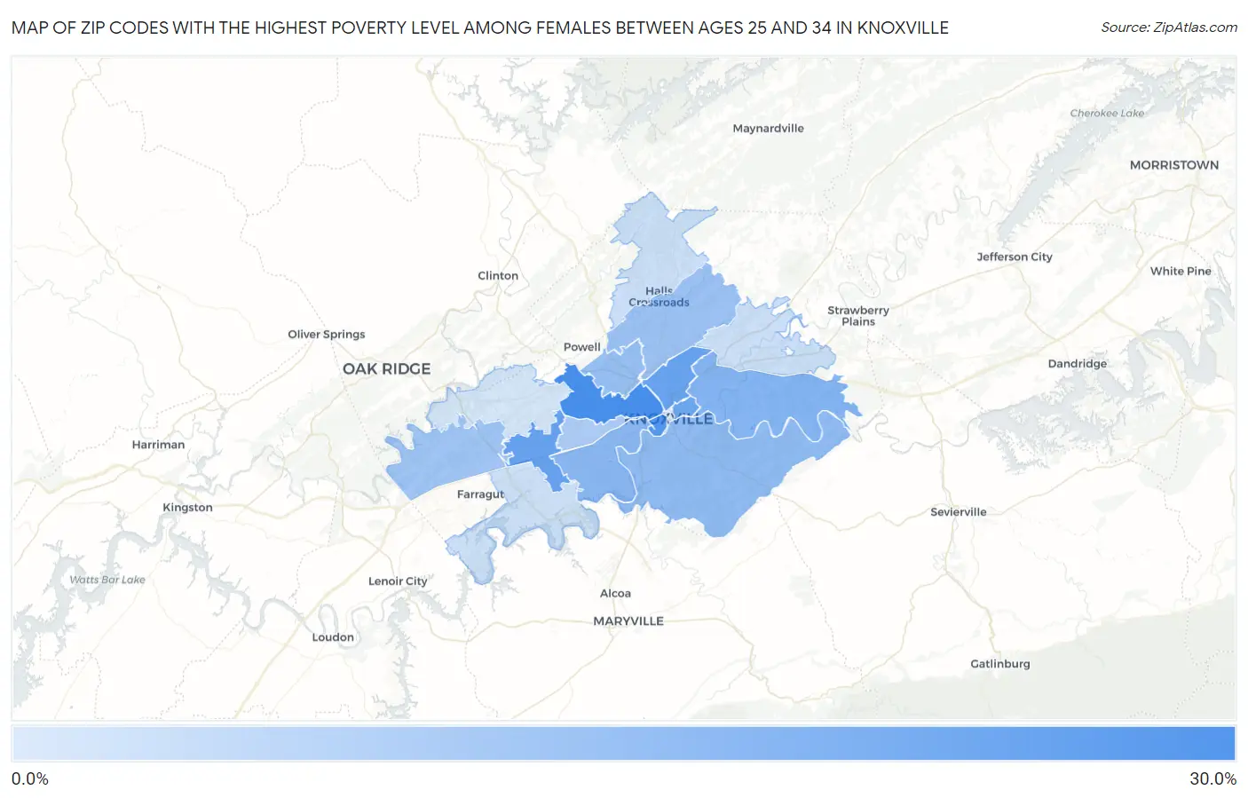 Zip Codes with the Highest Poverty Level Among Females Between Ages 25 and 34 in Knoxville Map