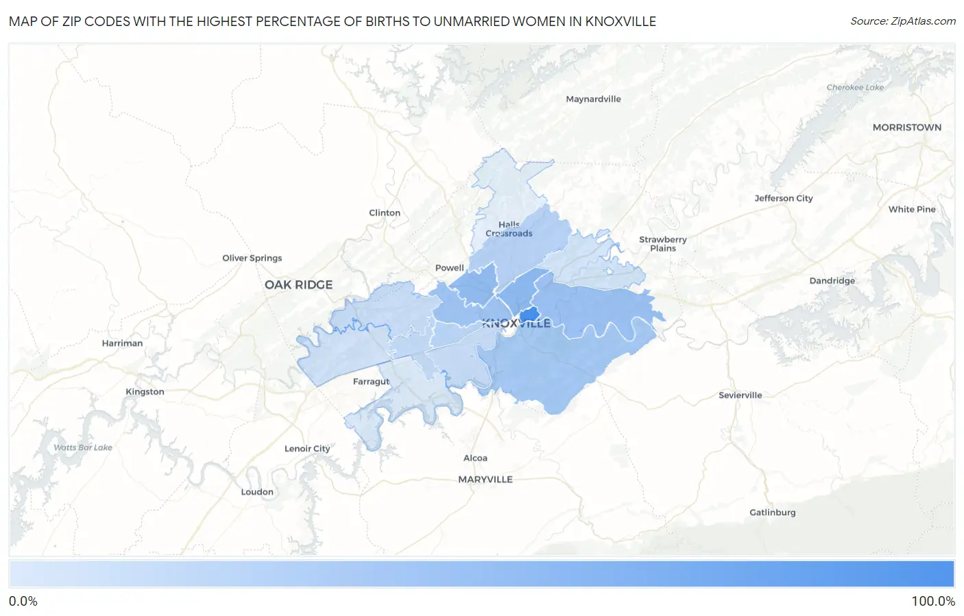 Zip Codes with the Highest Percentage of Births to Unmarried Women in Knoxville Map
