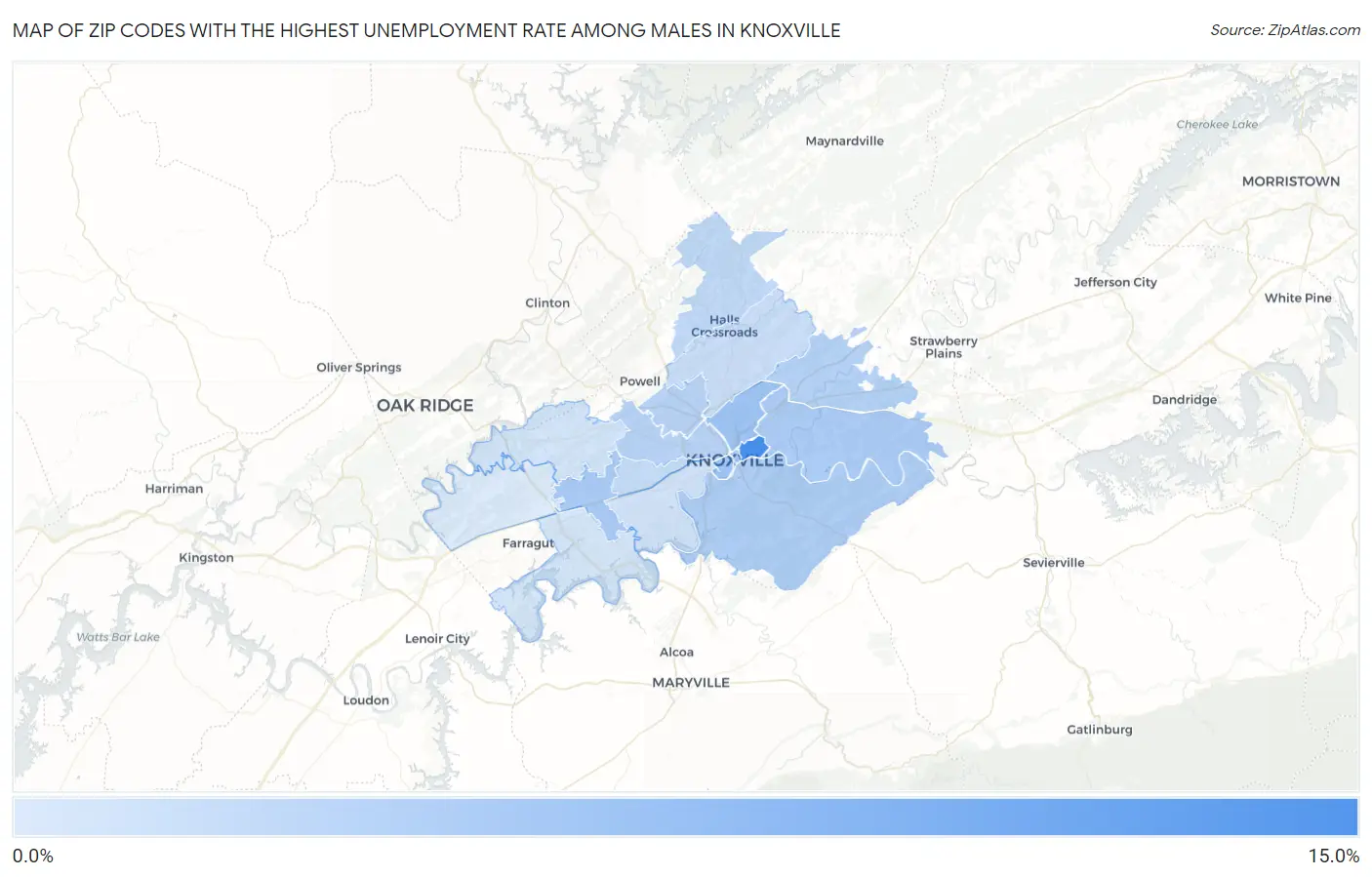 Zip Codes with the Highest Unemployment Rate Among Males in Knoxville Map