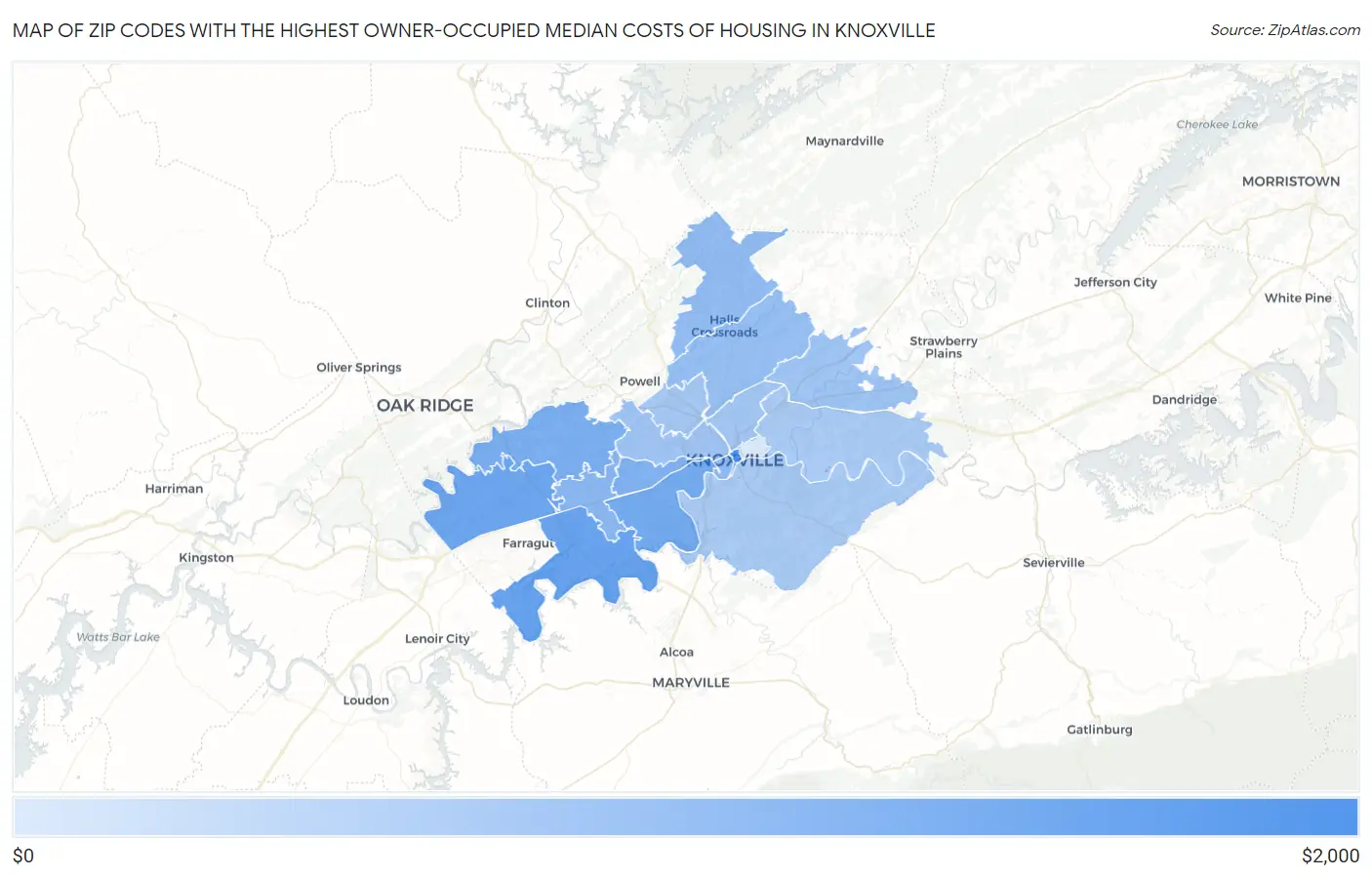 Zip Codes with the Highest Owner-Occupied Median Costs of Housing in Knoxville Map